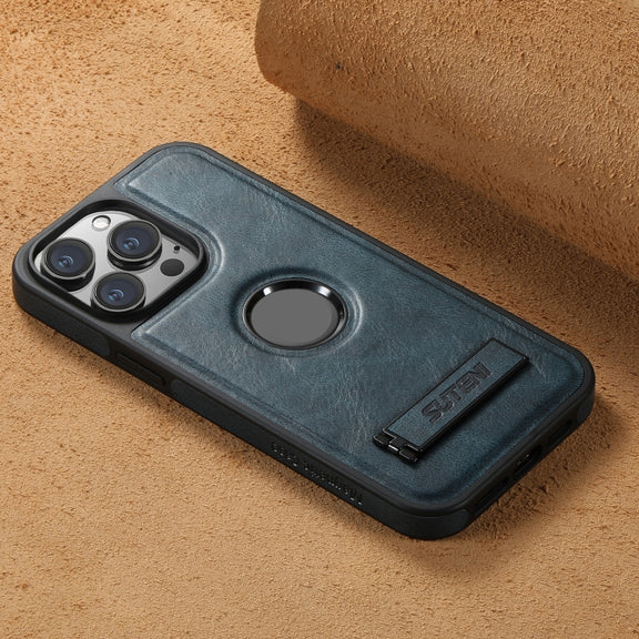 For iPhone 15 Pro Max Suteni G2 Magsafe Oil Wax Leather Back Phone Case with Holder(Blue)