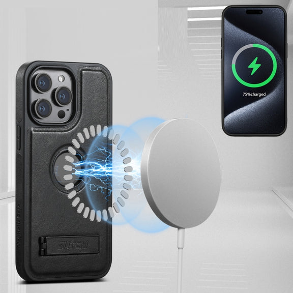 For iPhone 16 Pro Suteni G2 Magsafe Oil Wax Leather Back Phone Case with Holder(Black)