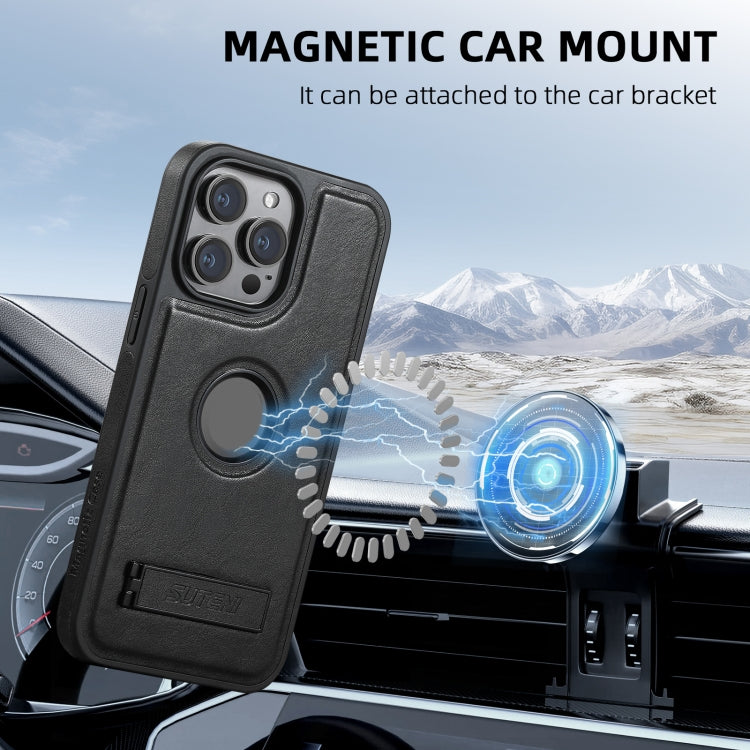 For iPhone 16 Pro Suteni G2 Magsafe Oil Wax Leather Back Phone Case with Holder(Black)