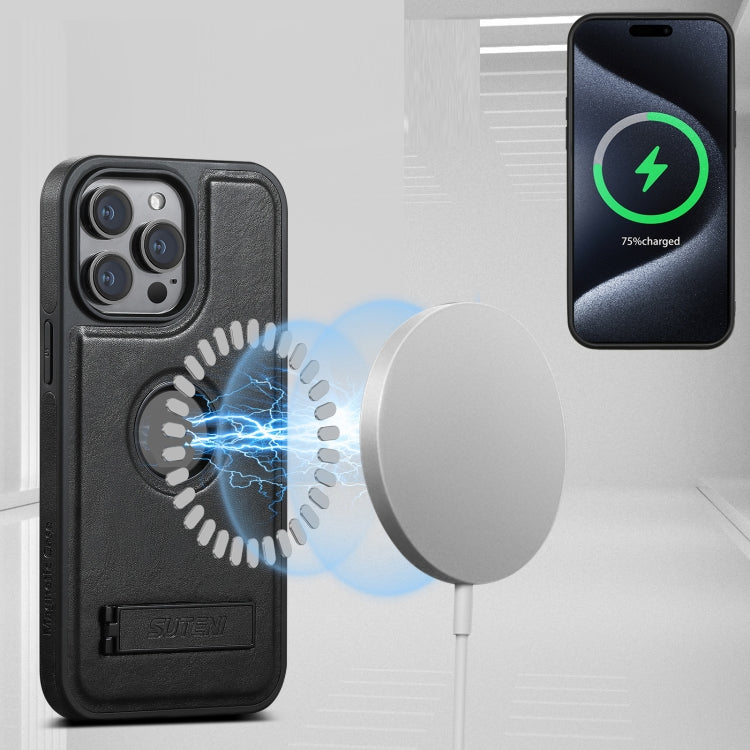 For iPhone 16 Pro Max Suteni G2 Magsafe Oil Wax Leather Back Phone Case with Holder(Black)