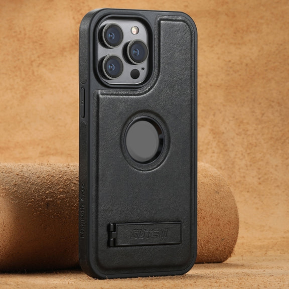 For iPhone 16 Pro Max Suteni G2 Magsafe Oil Wax Leather Back Phone Case with Holder(Black)