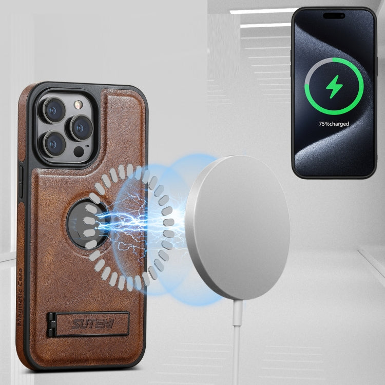 For iPhone 16 Pro Max Suteni G2 Magsafe Oil Wax Leather Back Phone Case with Holder(Brown)