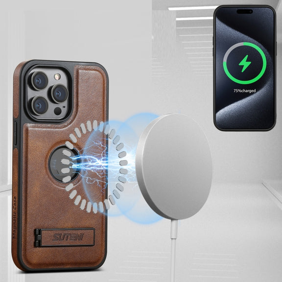 For iPhone 16 Pro Max Suteni G2 Magsafe Oil Wax Leather Back Phone Case with Holder(Brown)