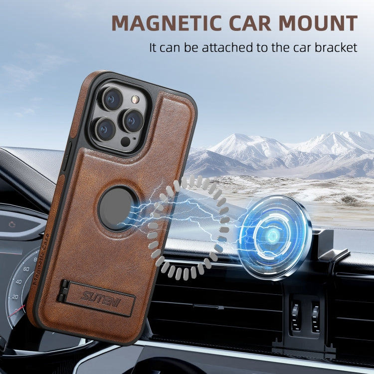 For iPhone 16 Pro Max Suteni G2 Magsafe Oil Wax Leather Back Phone Case with Holder(Brown)