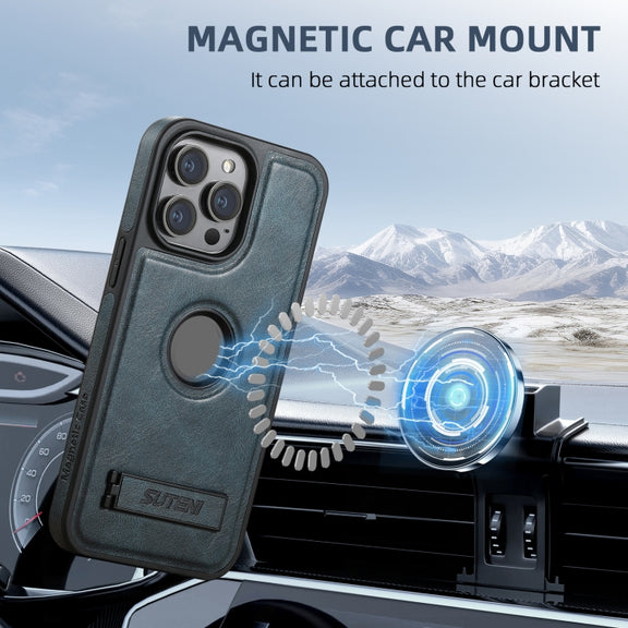 For iPhone 16 Pro Max Suteni G2 Magsafe Oil Wax Leather Back Phone Case with Holder(Blue)