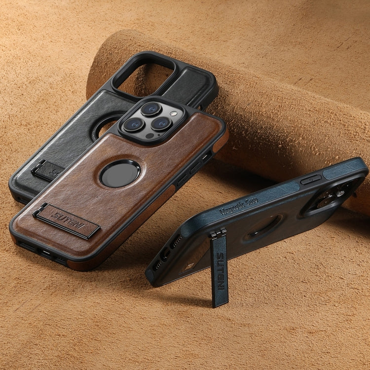 For iPhone 16 Pro Suteni G2 Magsafe Oil Wax Leather Back Phone Case with Holder(Brown)