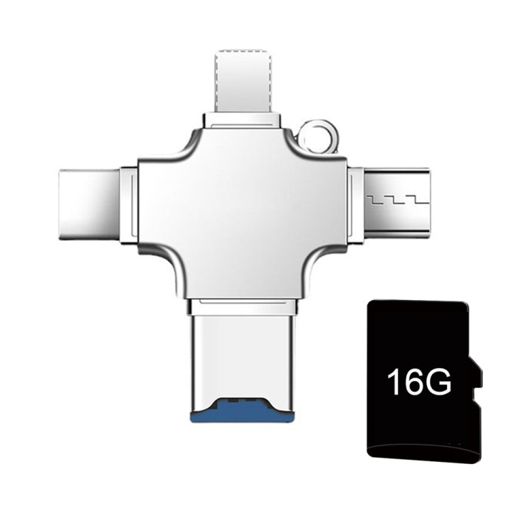 4 in 1 USB-C / Type-C  USB 2.0 + Micro USB + 8 Pin Adapter TF Card Reader, Memory Card:16GB(Sliver)