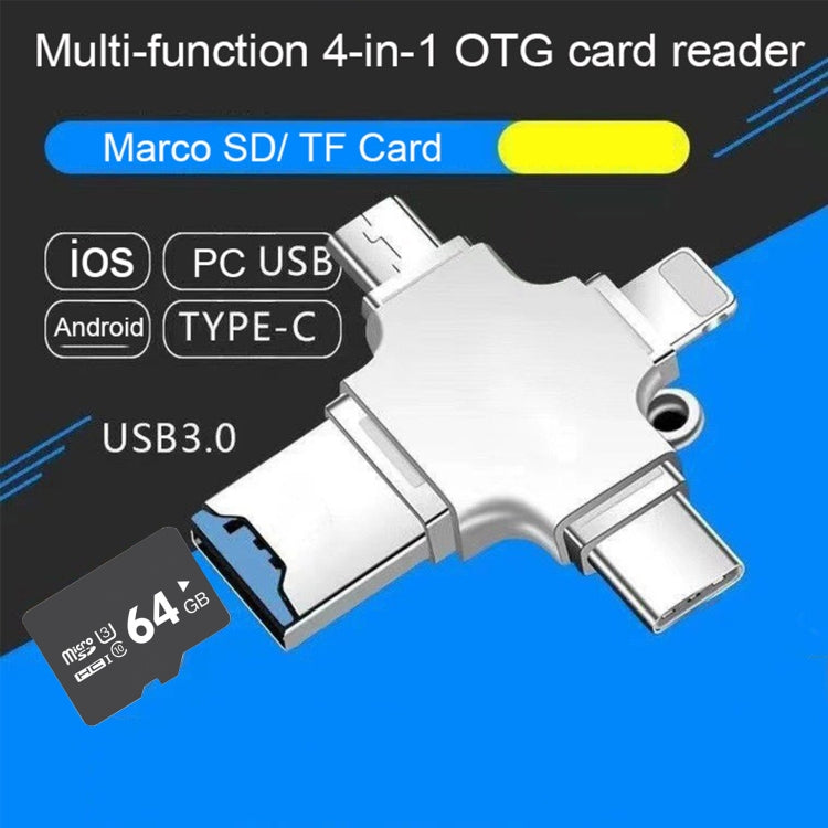 4 in 1 USB-C / Type-C  USB 2.0 + Micro USB + 8 Pin Adapter TF Card Reader, Memory Card:No Memory(Sliver)