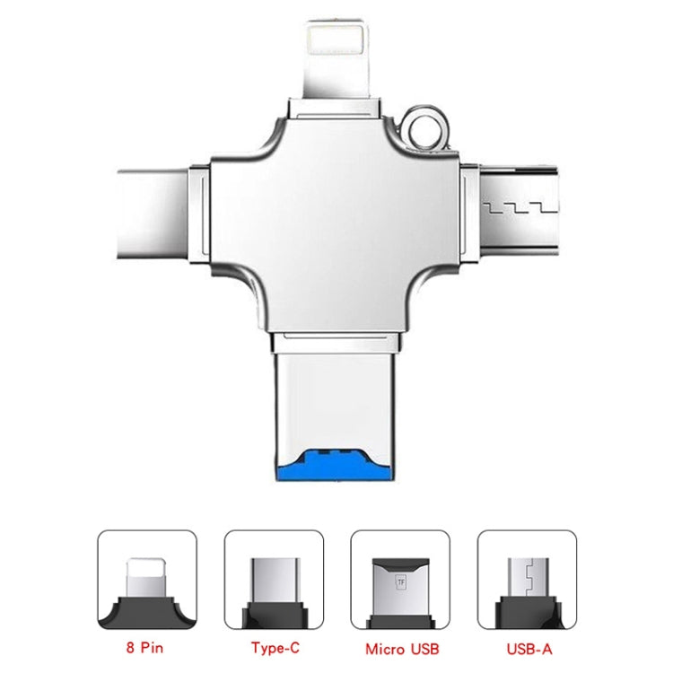 4 in 1 USB-C / Type-C  USB 2.0 + Micro USB + 8 Pin Adapter TF Card Reader, Memory Card:No Memory(Sliver)