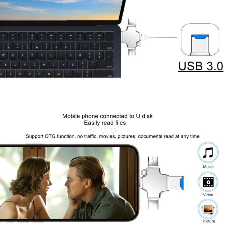 4 in 1 USB-C / Type-C  USB 2.0 + Micro USB + 8 Pin Adapter TF Card Reader, Memory Card:No Memory(Sliver)