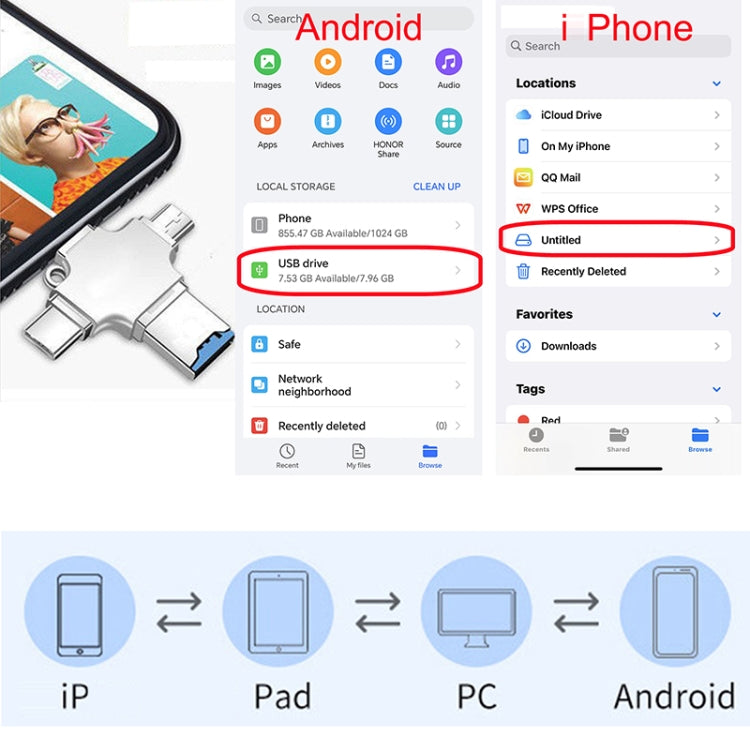 4 in 1 USB-C / Type-C  USB 2.0 + Micro USB + 8 Pin Adapter TF Card Reader, Memory Card:No Memory(Sliver)