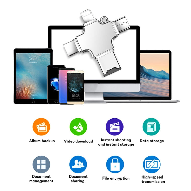 4 in 1 USB-C / Type-C  USB 2.0 + Micro USB + 8 Pin Adapter TF Card Reader, Memory Card:No Memory(Sliver)