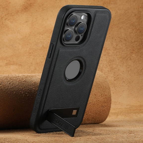 For iPhone 15 Pro Max Suteni G2 Magsafe Litchi Texture Leather Back Phone Case with Holder(Black)