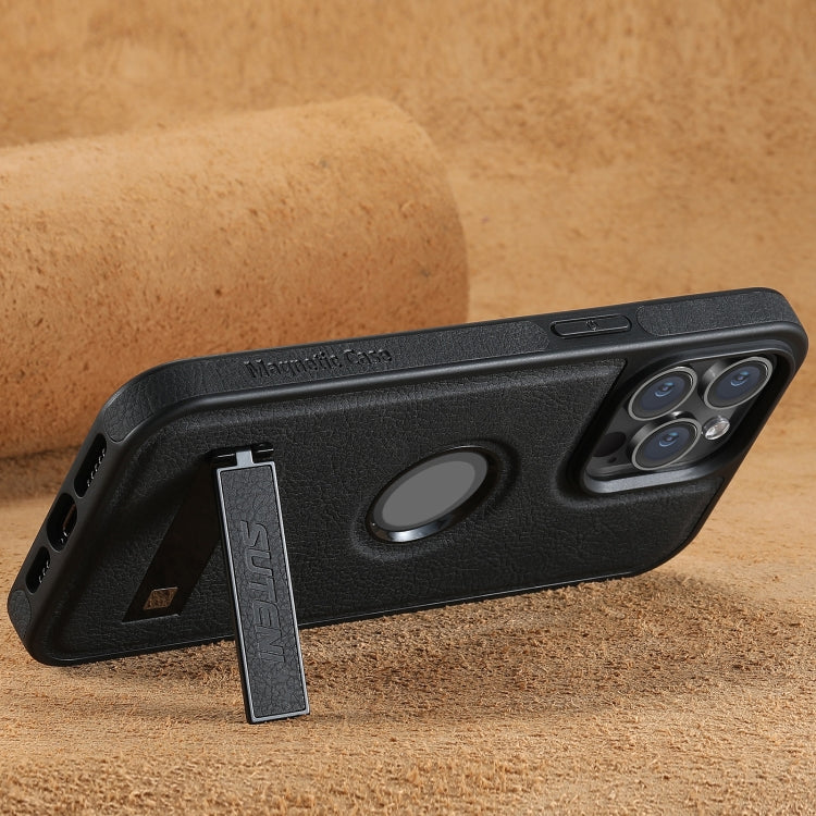 For iPhone 15 Pro Max Suteni G2 Magsafe Litchi Texture Leather Back Phone Case with Holder(Black)