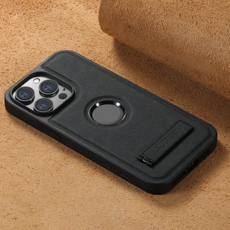 For iPhone 15 Pro Max Suteni G2 Magsafe Litchi Texture Leather Back Phone Case with Holder(Black)