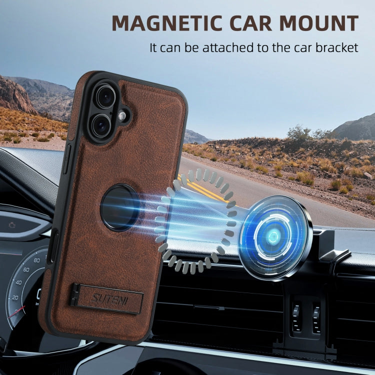 For iPhone 16 Suteni G2 Magsafe Litchi Texture Leather Back Phone Case with Holder(Brown)