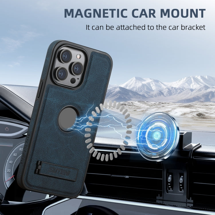 For iPhone 16 Pro Suteni G2 Magsafe Litchi Texture Leather Back Phone Case with Holder(Blue)