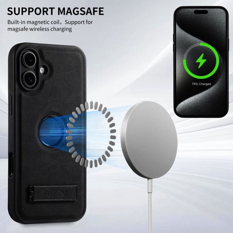 For iPhone 16 Plus Suteni G2 Magsafe Litchi Texture Leather Back Phone Case with Holder(Black)