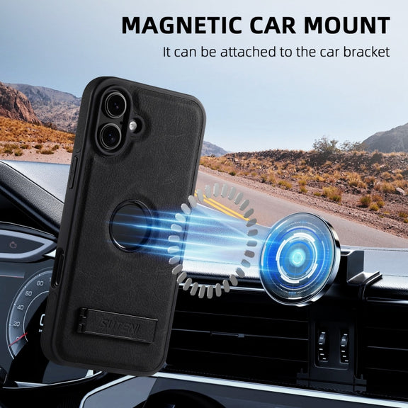 For iPhone 16 Plus Suteni G2 Magsafe Litchi Texture Leather Back Phone Case with Holder(Black)