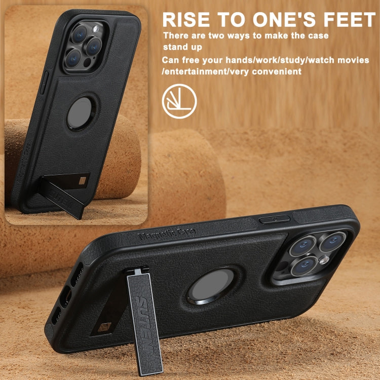 For iPhone 16 Plus Suteni G2 Magsafe Litchi Texture Leather Back Phone Case with Holder(Black)