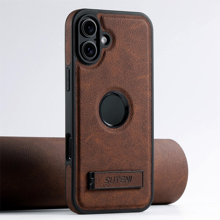 For iPhone 16 Plus Suteni G2 Magsafe Litchi Texture Leather Back Phone Case with Holder(Brown)