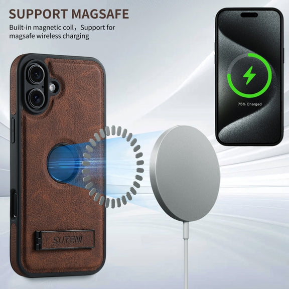 For iPhone 16 Plus Suteni G2 Magsafe Litchi Texture Leather Back Phone Case with Holder(Brown)
