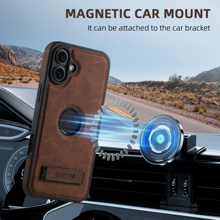 For iPhone 16 Plus Suteni G2 Magsafe Litchi Texture Leather Back Phone Case with Holder(Brown)