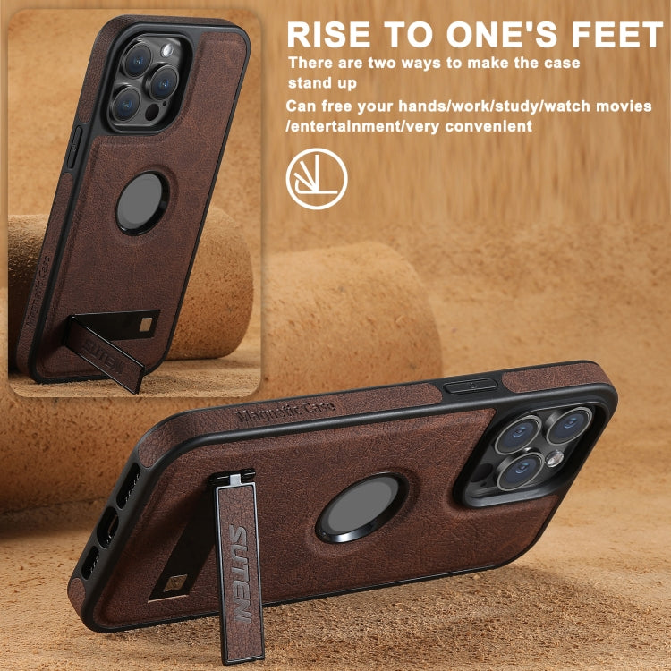 For iPhone 16 Plus Suteni G2 Magsafe Litchi Texture Leather Back Phone Case with Holder(Brown)