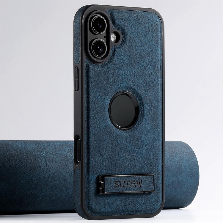 For iPhone 16 Plus Suteni G2 Magsafe Litchi Texture Leather Back Phone Case with Holder(Blue)