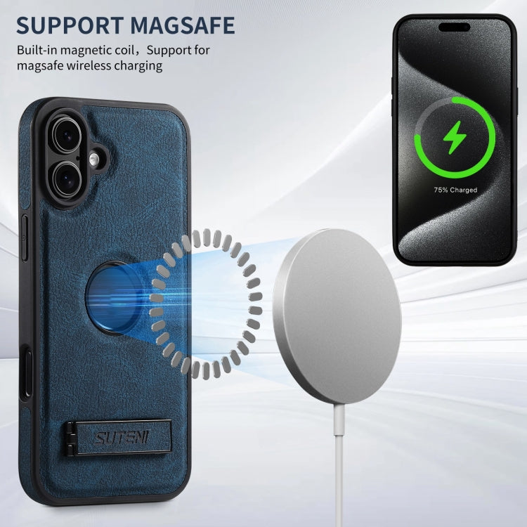 For iPhone 16 Plus Suteni G2 Magsafe Litchi Texture Leather Back Phone Case with Holder(Blue)