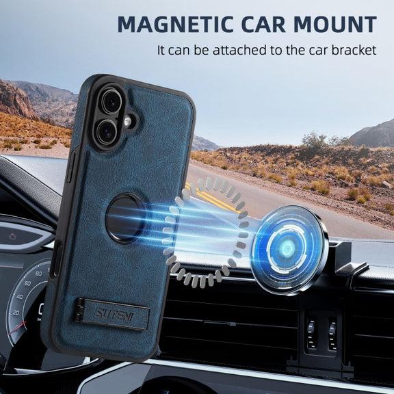 For iPhone 16 Plus Suteni G2 Magsafe Litchi Texture Leather Back Phone Case with Holder(Blue)