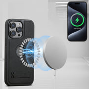 For iPhone 16 Pro Max Suteni G2 Magsafe Litchi Texture Leather Back Phone Case with Holder(Black)
