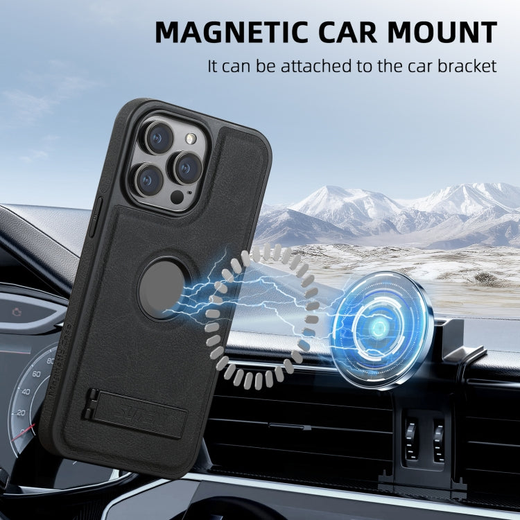 For iPhone 16 Pro Max Suteni G2 Magsafe Litchi Texture Leather Back Phone Case with Holder(Black)