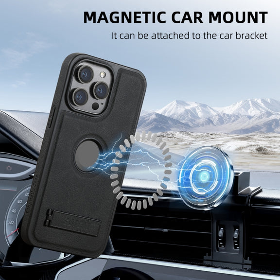 For iPhone 16 Pro Max Suteni G2 Magsafe Litchi Texture Leather Back Phone Case with Holder(Black)