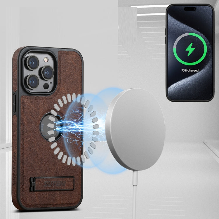 For iPhone 16 Pro Max Suteni G2 Magsafe Litchi Texture Leather Back Phone Case with Holder(Brown)