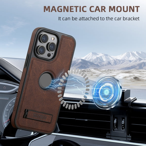 For iPhone 16 Pro Max Suteni G2 Magsafe Litchi Texture Leather Back Phone Case with Holder(Brown)