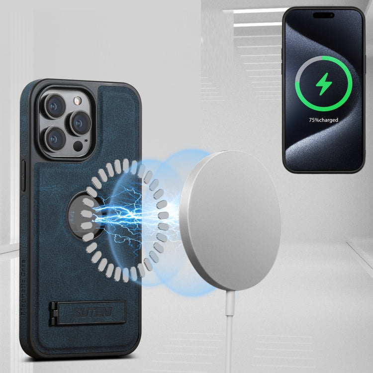 For iPhone 16 Pro Max Suteni G2 Magsafe Litchi Texture Leather Back Phone Case with Holder(Blue)