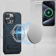 For iPhone 16 Pro Max Suteni G2 Magsafe Litchi Texture Leather Back Phone Case with Holder(Blue)
