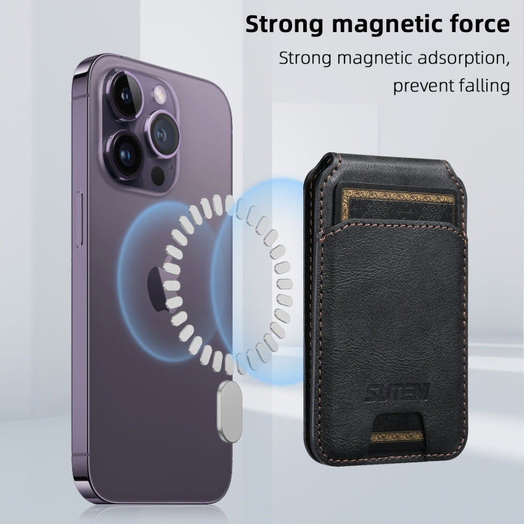 Suteni S2 Phone Magnetic Card Case Card Sleeve MagSafe Magnetic Coil PU Leather(Black)