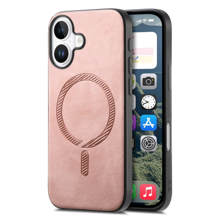 For iPhone 16 Solid Color Retro Magsafe PU Back Cover Phone Case(Pink)