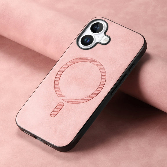 For iPhone 16 Solid Color Retro Magsafe PU Back Cover Phone Case(Pink)