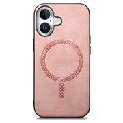 For iPhone 16 Solid Color Retro Magsafe PU Back Cover Phone Case(Pink)