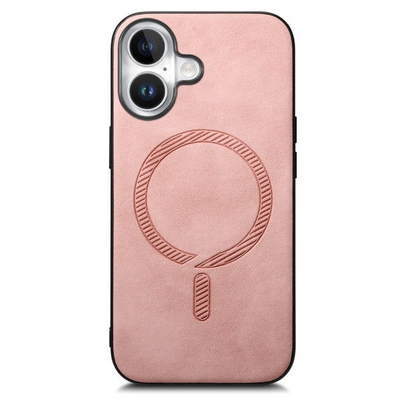 For iPhone 16 Solid Color Retro Magsafe PU Back Cover Phone Case(Pink)
