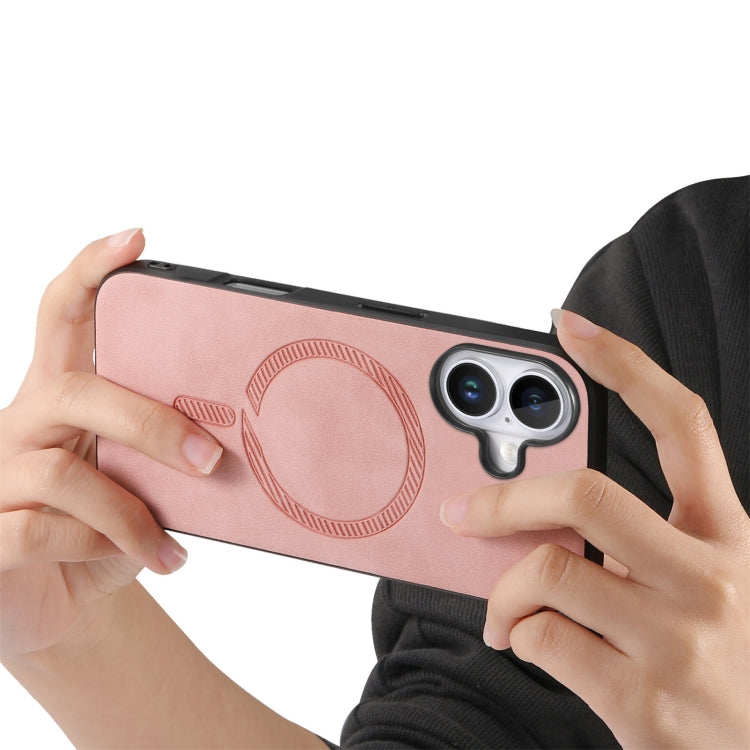 For iPhone 16 Solid Color Retro Magsafe PU Back Cover Phone Case(Pink)