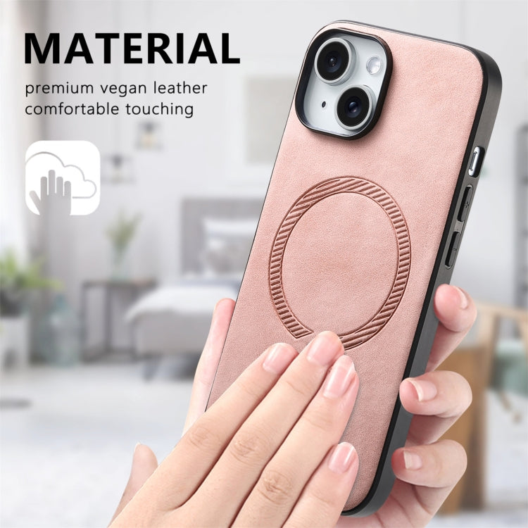 For iPhone 16 Solid Color Retro Magsafe PU Back Cover Phone Case(Pink)