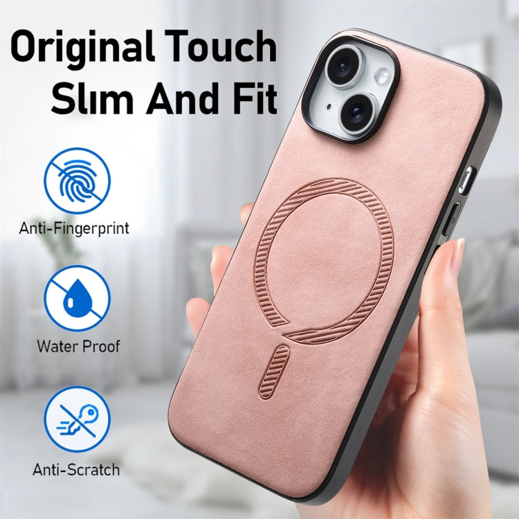 For iPhone 16 Solid Color Retro Magsafe PU Back Cover Phone Case(Pink)
