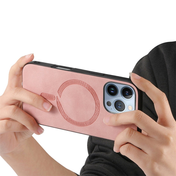 For iPhone 16 Pro Max Solid Color Retro Magsafe PU Back Cover Phone Case(Pink)