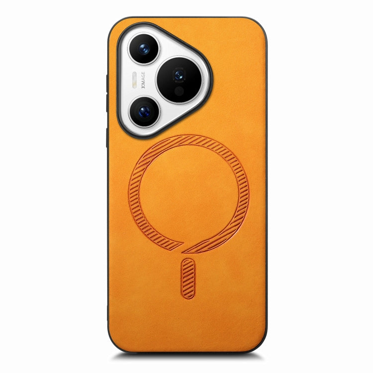 For Huawei  Pura 70 Solid Color Retro Magsafe PU Back Cover Phone Case(Yellow)