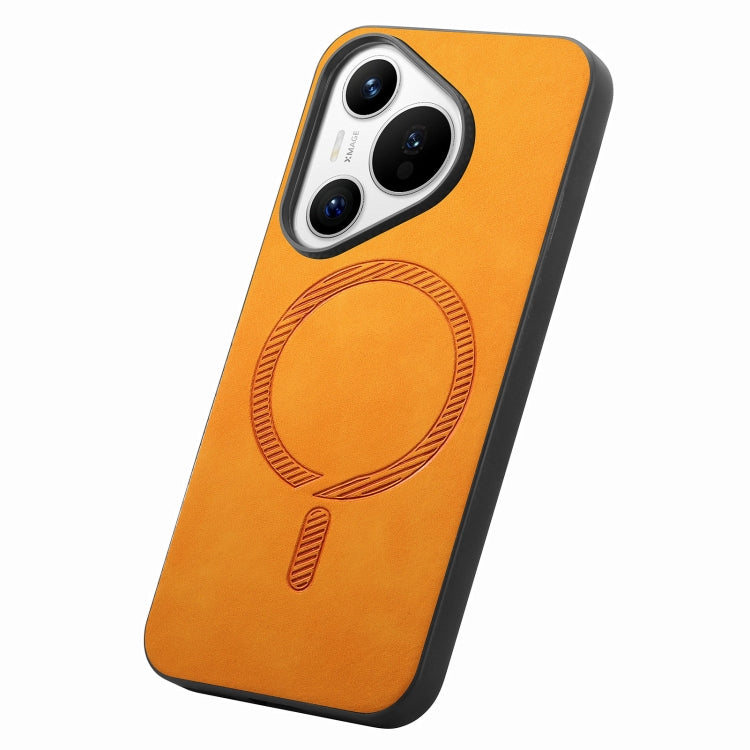 For Huawei  Pura 70 Solid Color Retro Magsafe PU Back Cover Phone Case(Yellow)