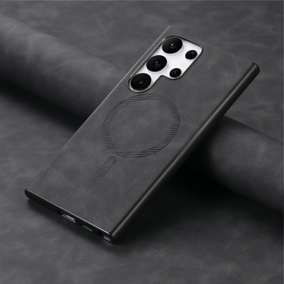 For Samsung Galaxy S25 5G Solid Color Retro Magsafe PU Back Cover Phone Case(Black)